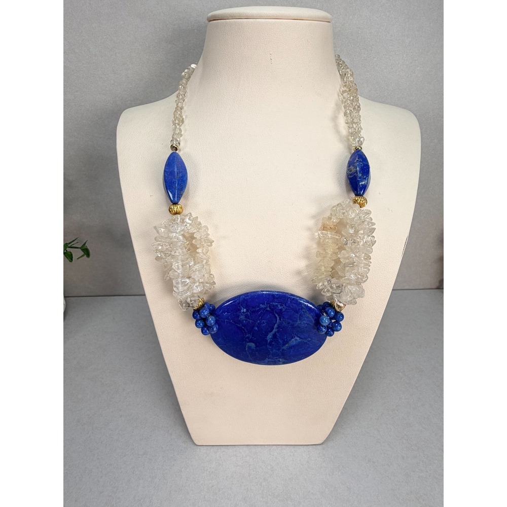 Lapis Lazuli Statement Beaded Necklace Oval Gemstone Rock Gold Tone Closure